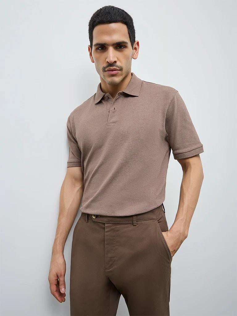 WES Casuals Brown Relaxed-Fit Cotton-Blend Polo T-Shirt