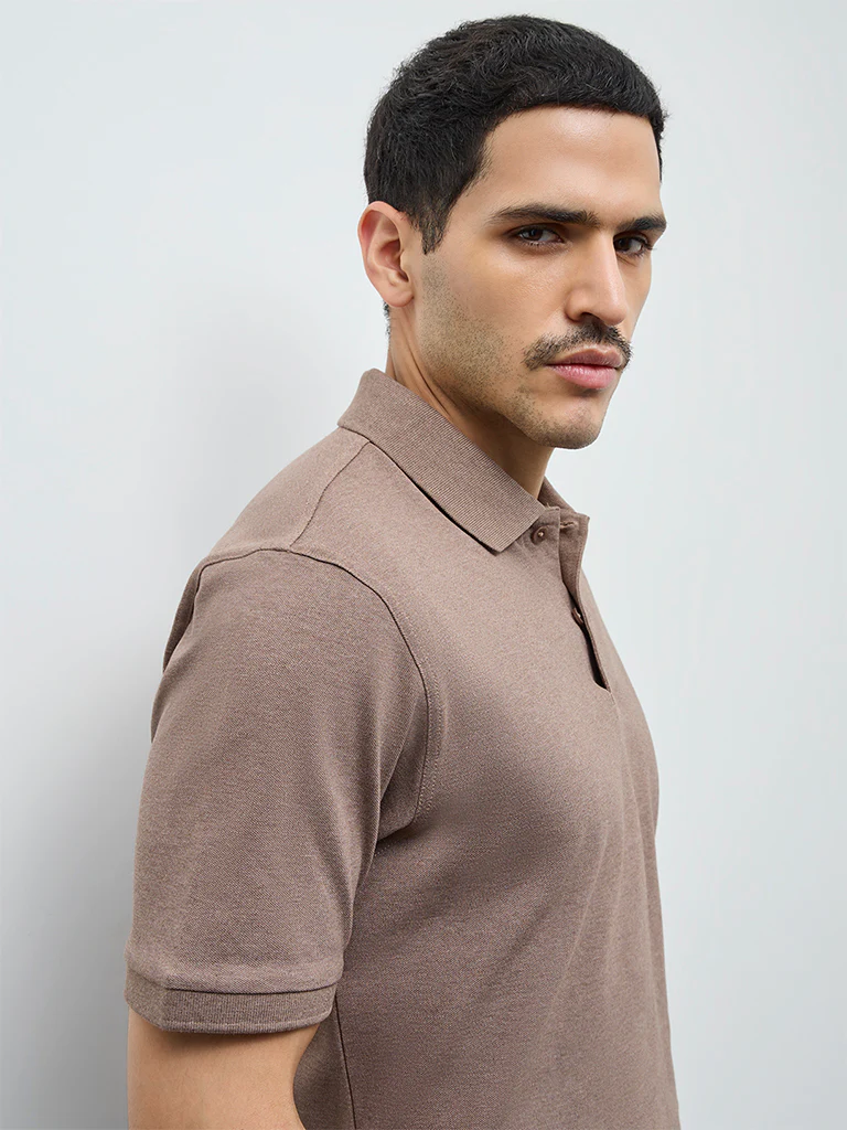 WES Casuals Brown Relaxed-Fit Cotton-Blend Polo T-Shirt - Image 4