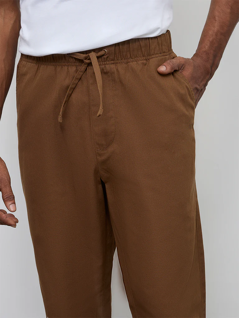 WES Casuals Brown Relaxed-Fit Mid-Rise Cotton-Blend Chinos - Image 3