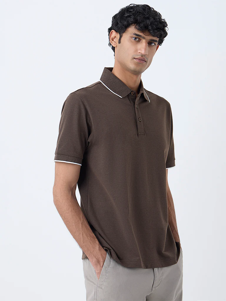 WES Casuals Brown Relaxed Fit Polo T-Shirt - Image 3