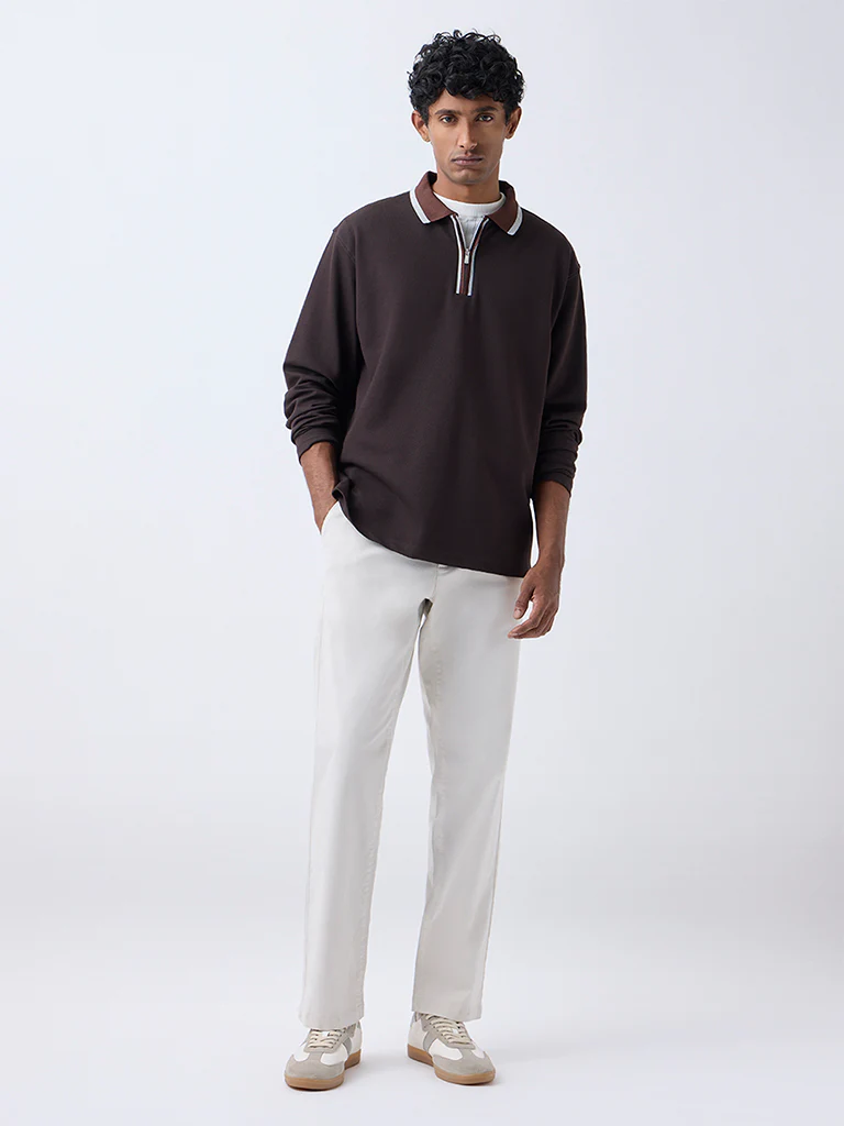 WES Casuals Brown Relaxed-Fit Quarter-Zip Cotton-Blend Sweatshirt - Image 3