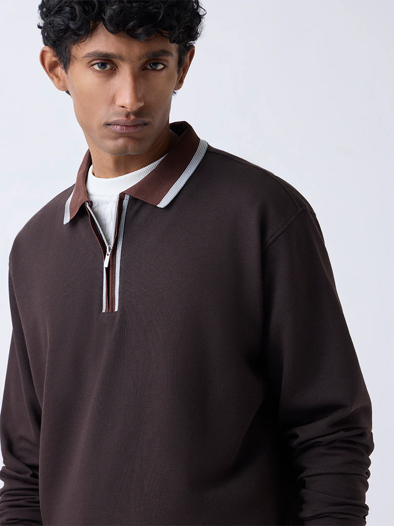 WES Casuals Brown Relaxed-Fit Quarter-Zip Cotton-Blend Sweatshirt - Image 4