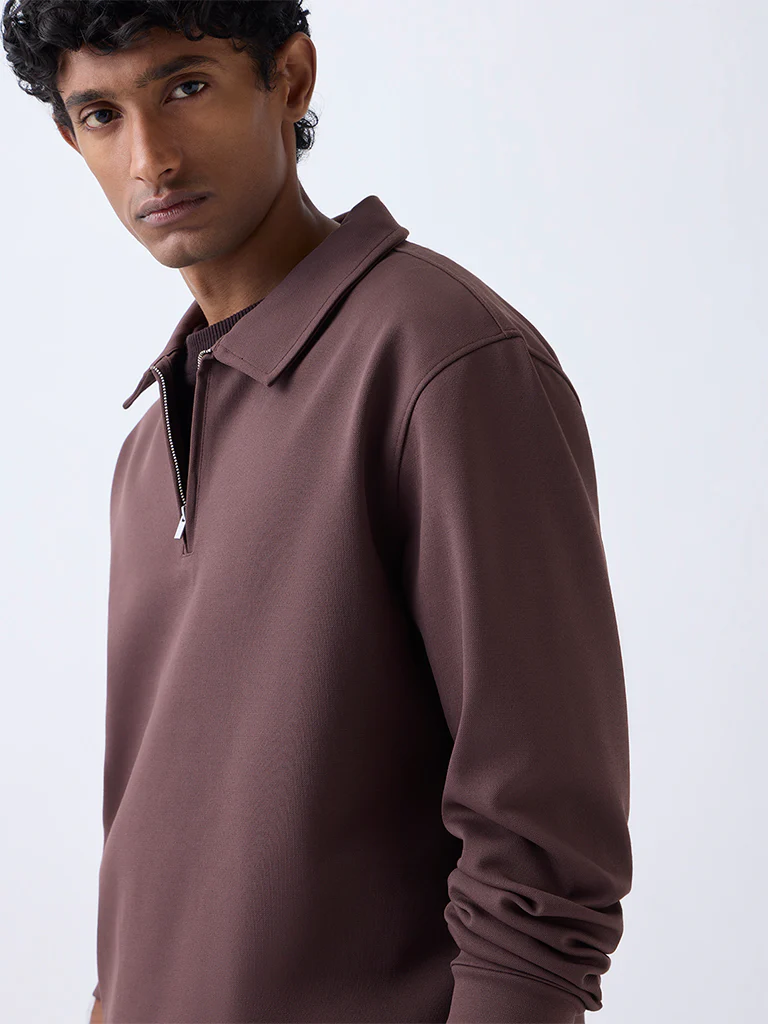 WES Casuals Brown Relaxed-Fit Quarter-Zip Sweatshirt - Image 3