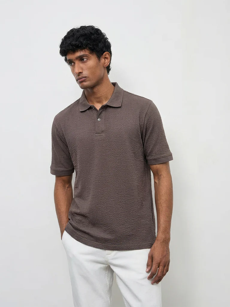 WES Casuals Brown Seersucker Textured Relaxed-Fit Cotton-Blend Polo T-Shirt - Image 3