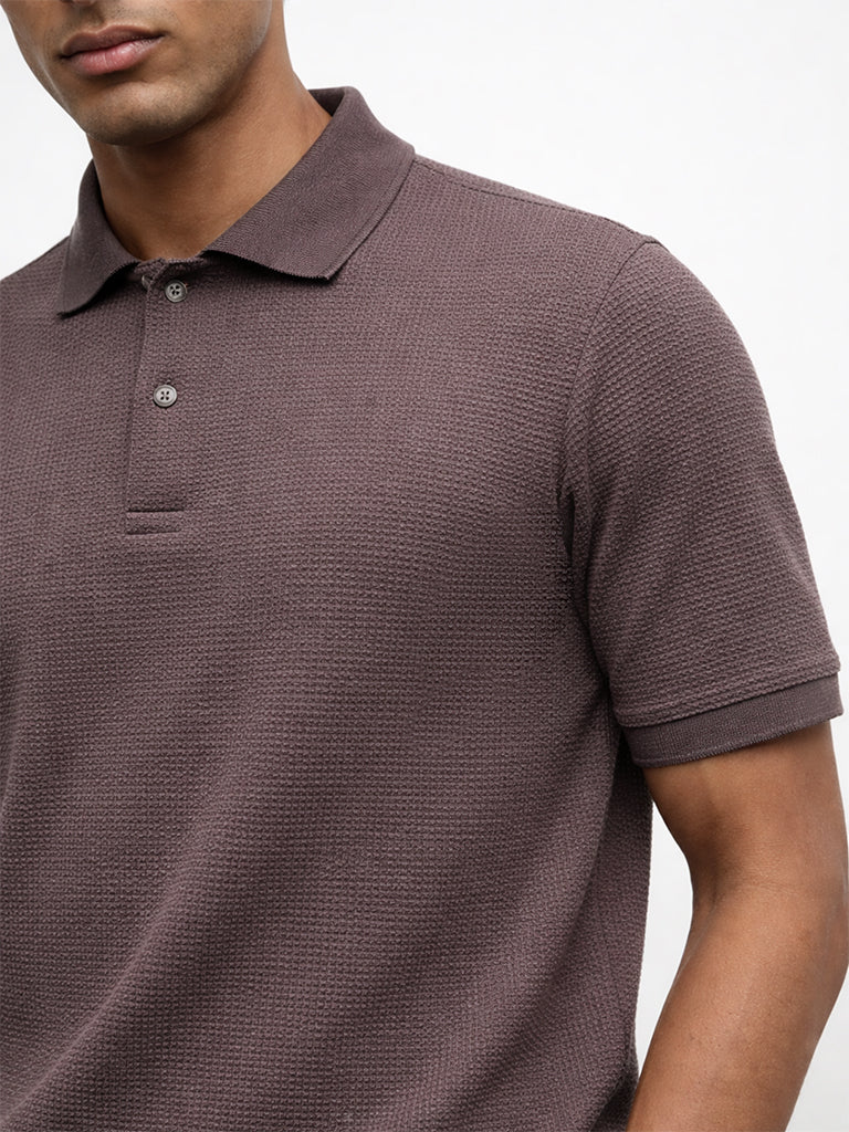 WES Casuals Brown Seersucker Textured Relaxed-Fit Cotton-Blend Polo T-Shirt - Image 4