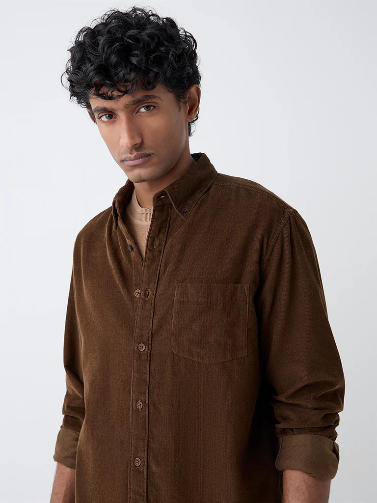 WES Casuals Brown Slim-Fit Corduroy Shirt - Image 3