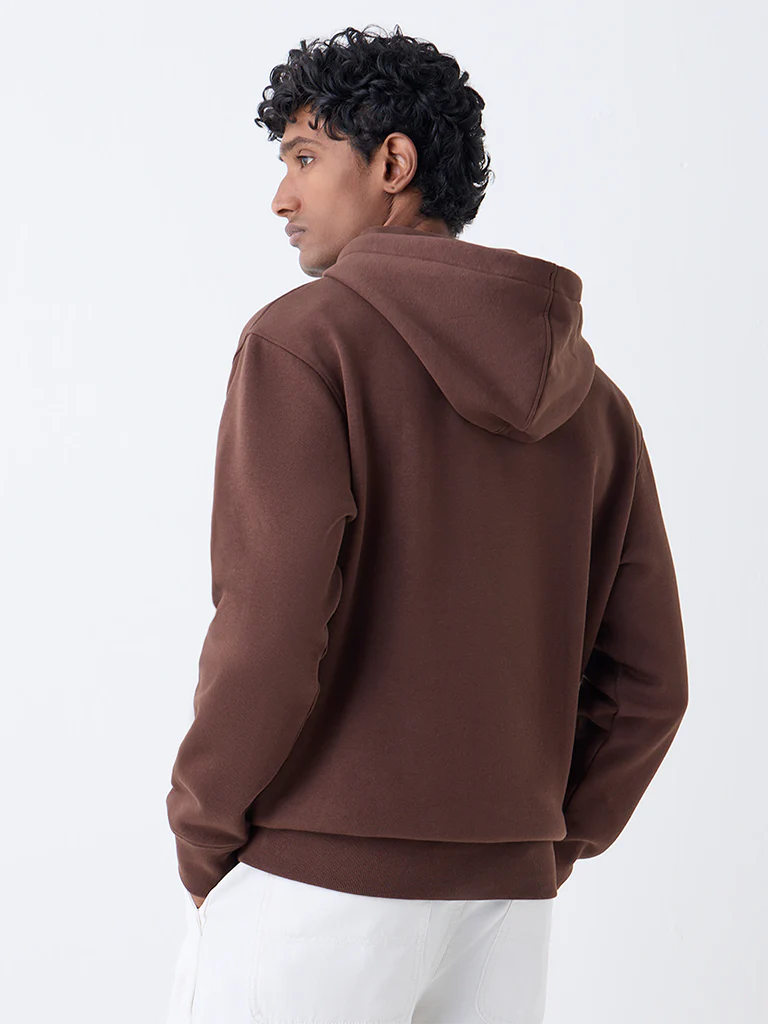 WES Casuals Brown Solid Relaxed-Fit Cotton-Blend Hoodie - Image 5