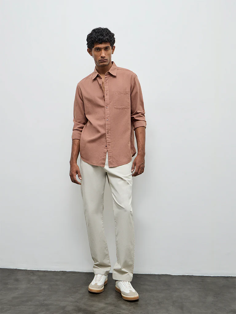 WES Casuals Brown Solid Relaxed-Fit Cotton-Blend Shirt