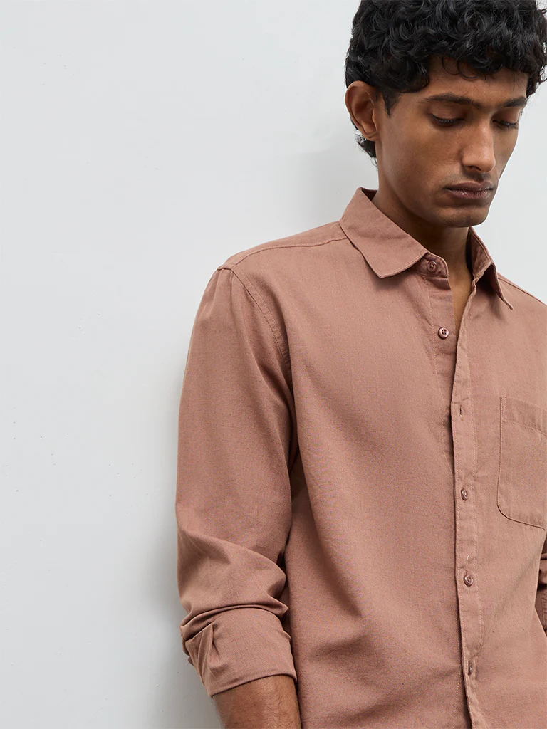 WES Casuals Brown Solid Relaxed-Fit Cotton-Blend Shirt - Image 3