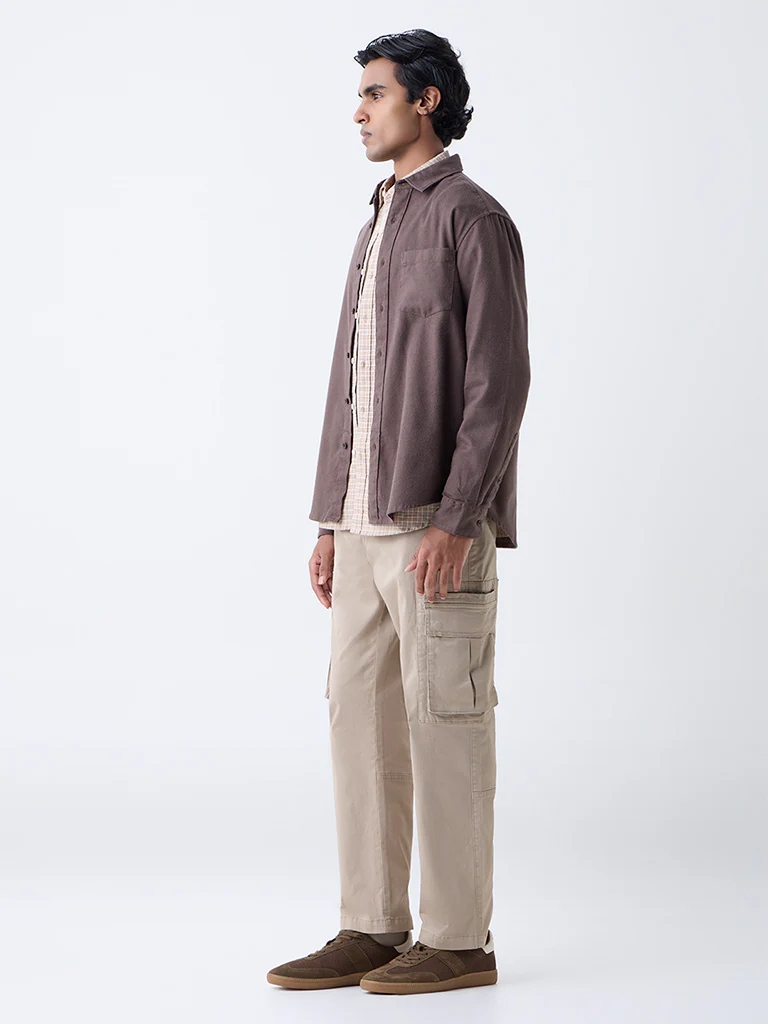 WES Casuals Brown Solid Relaxed-Fit Cotton Shirt - Image 3