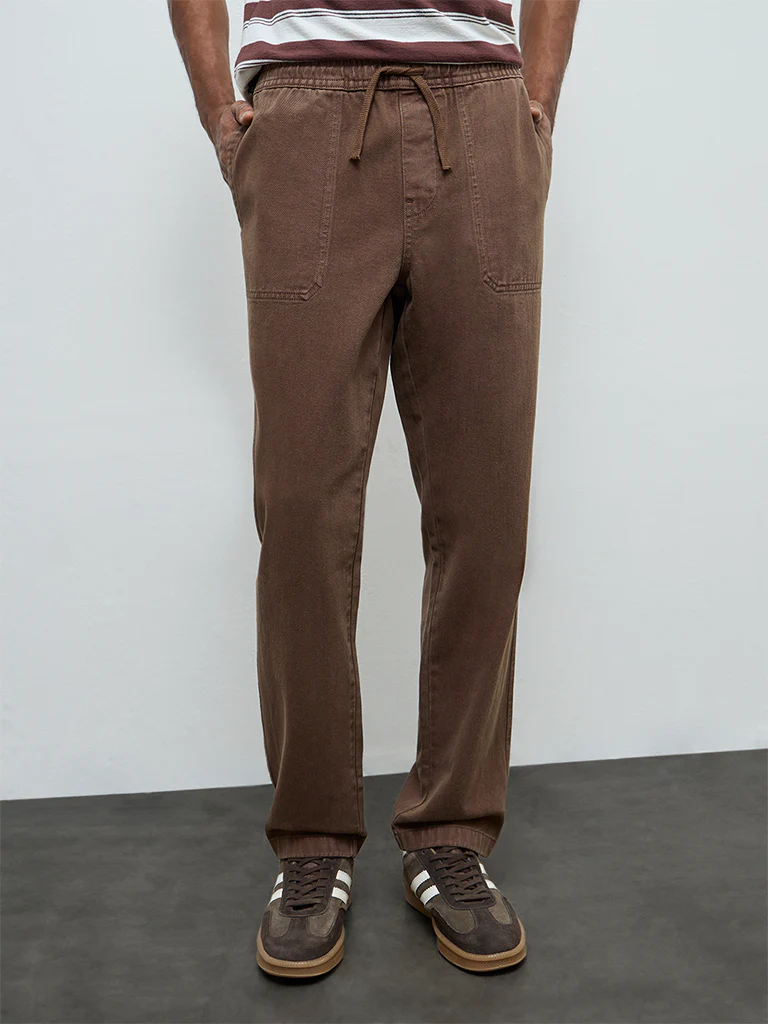 WES Casuals Brown Solid Relaxed-Fit Mid-Rise Cotton Chinos - Image 3