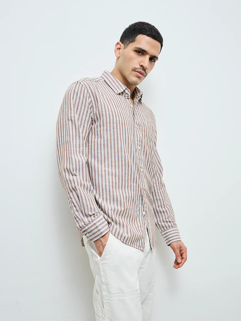 WES Casuals Brown Striped Relaxed-Fit Cotton-Blend Shirt - Image 2