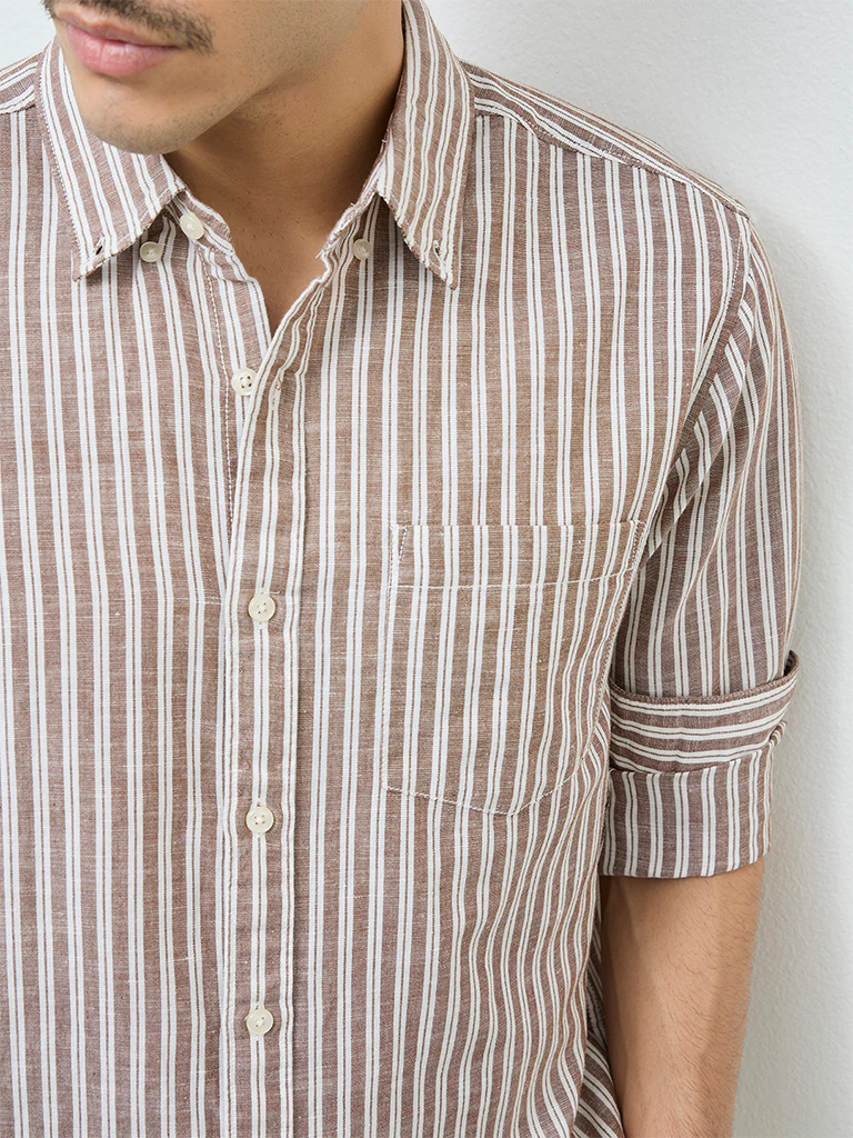 WES Casuals Brown Striped Relaxed-Fit Cotton-Blend Shirt - Image 3