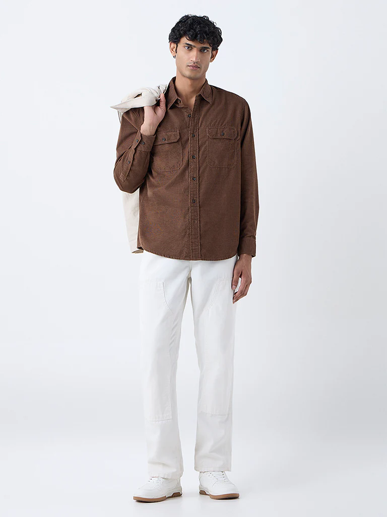 WES Casuals Brown Textured Relaxed-Fit Cotton Shirt - Image 3