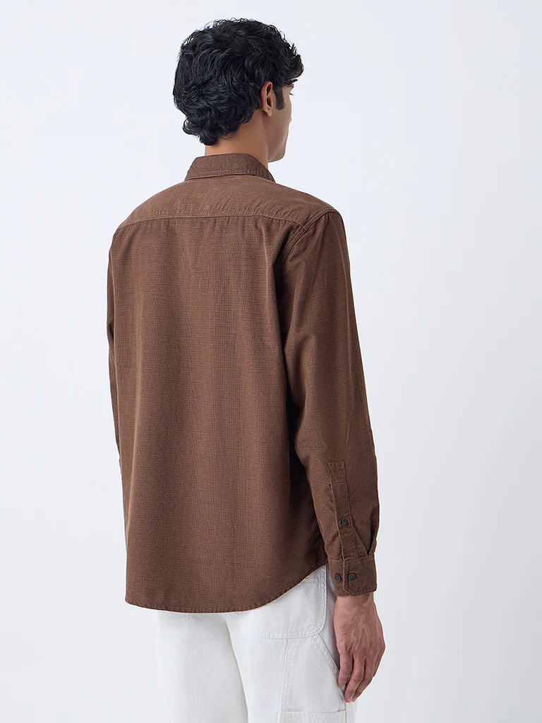 WES Casuals Brown Textured Relaxed-Fit Cotton Shirt - Image 5