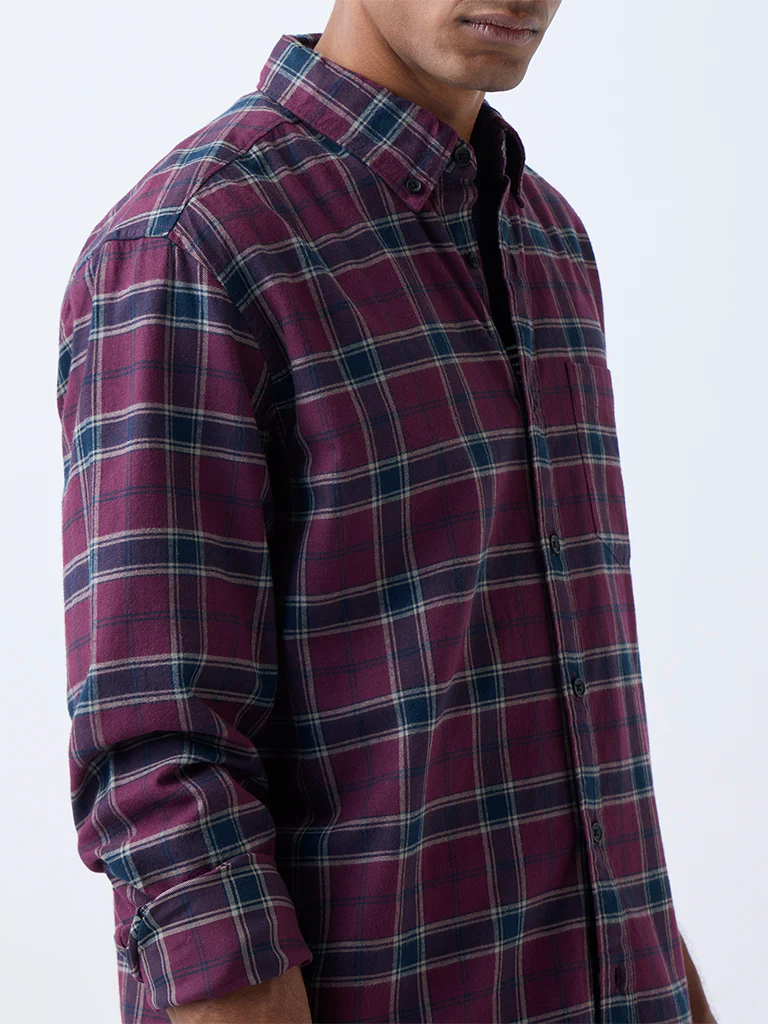 WES Casuals Burgundy Checkered Relaxed-Fit Cotton-Blend Shirt - Image 3