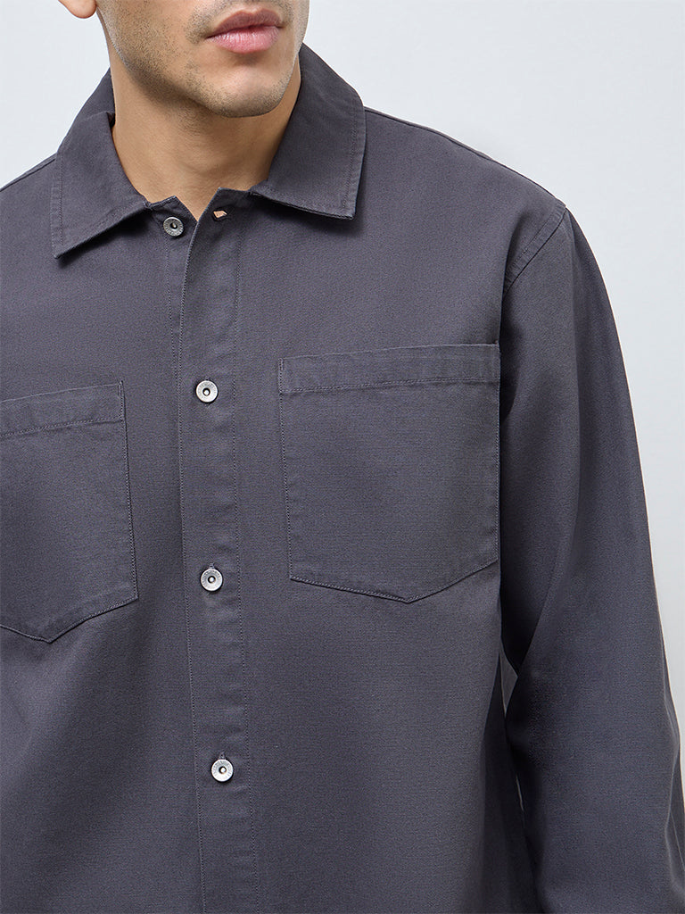WES Casuals Charcoal Solid Relaxed-Fit Cotton Shirt - Image 4