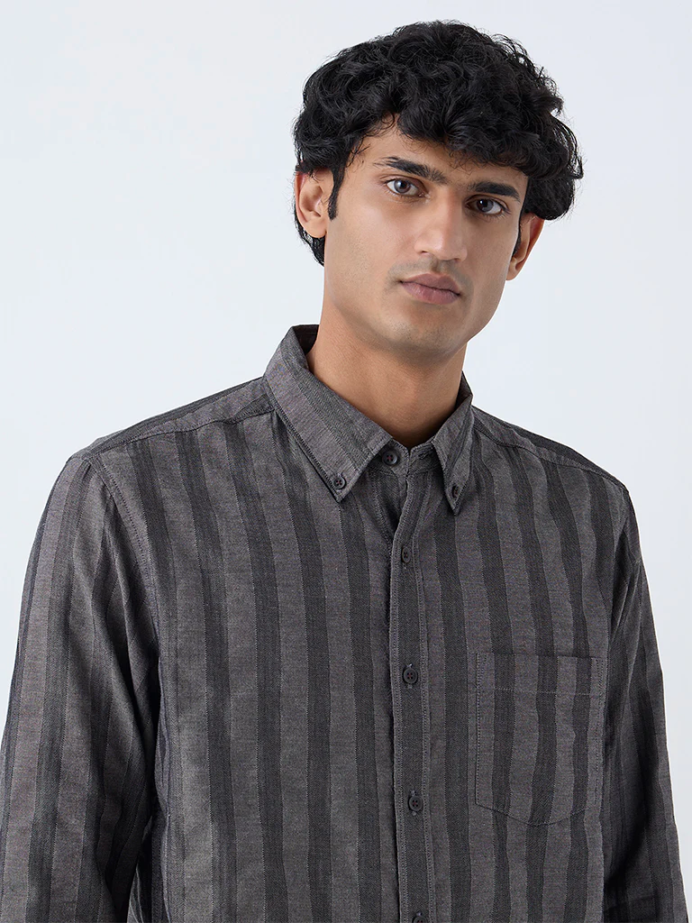 WES Casuals Charcoal Striped Relaxed-Fit Cotton Shirt - Image 3