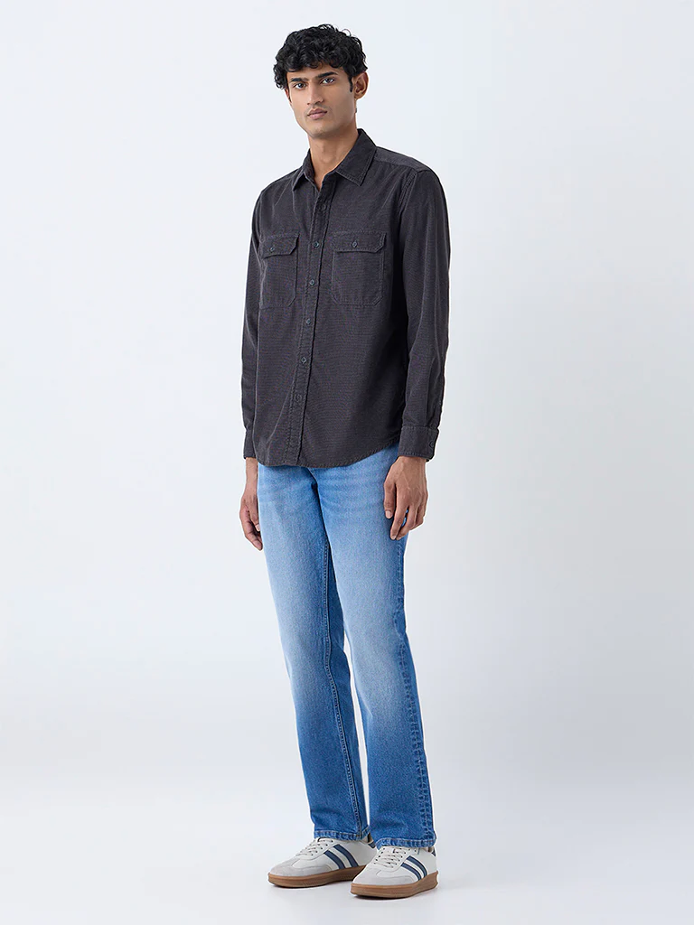WES Casuals Charcoal Textured Relaxed-Fit Cotton Shirt - Image 3