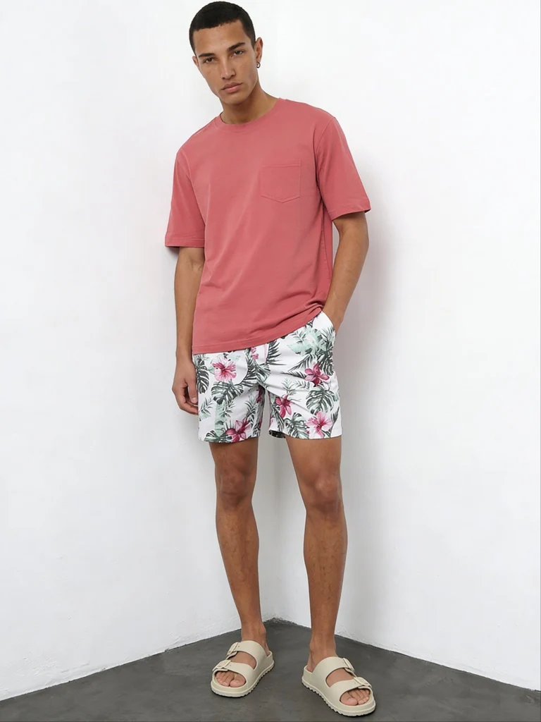 WES Casuals Coral Relaxed-Fit Cotton Swimwear T-Shirt