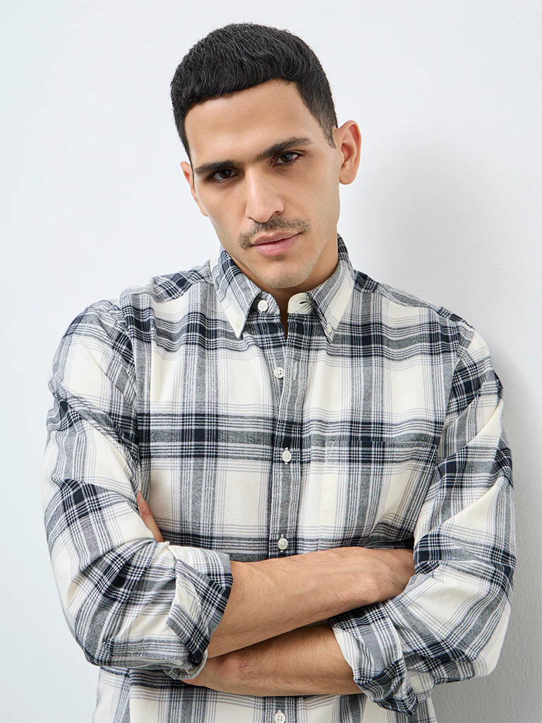 WES Casuals Cream Check Relaxed Fit Cotton Shirt