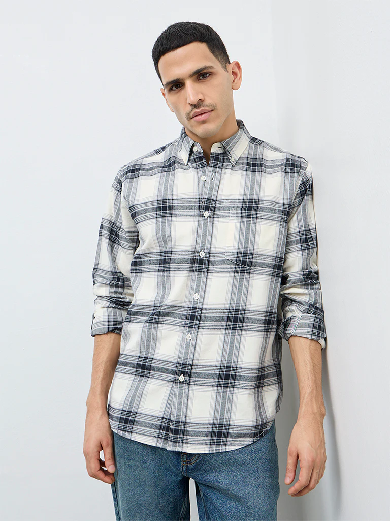 WES Casuals Cream Check Relaxed Fit Cotton Shirt - Image 2