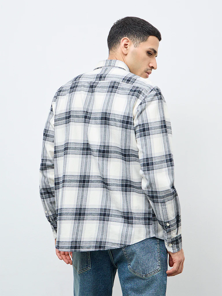 WES Casuals Cream Check Relaxed Fit Cotton Shirt - Image 4