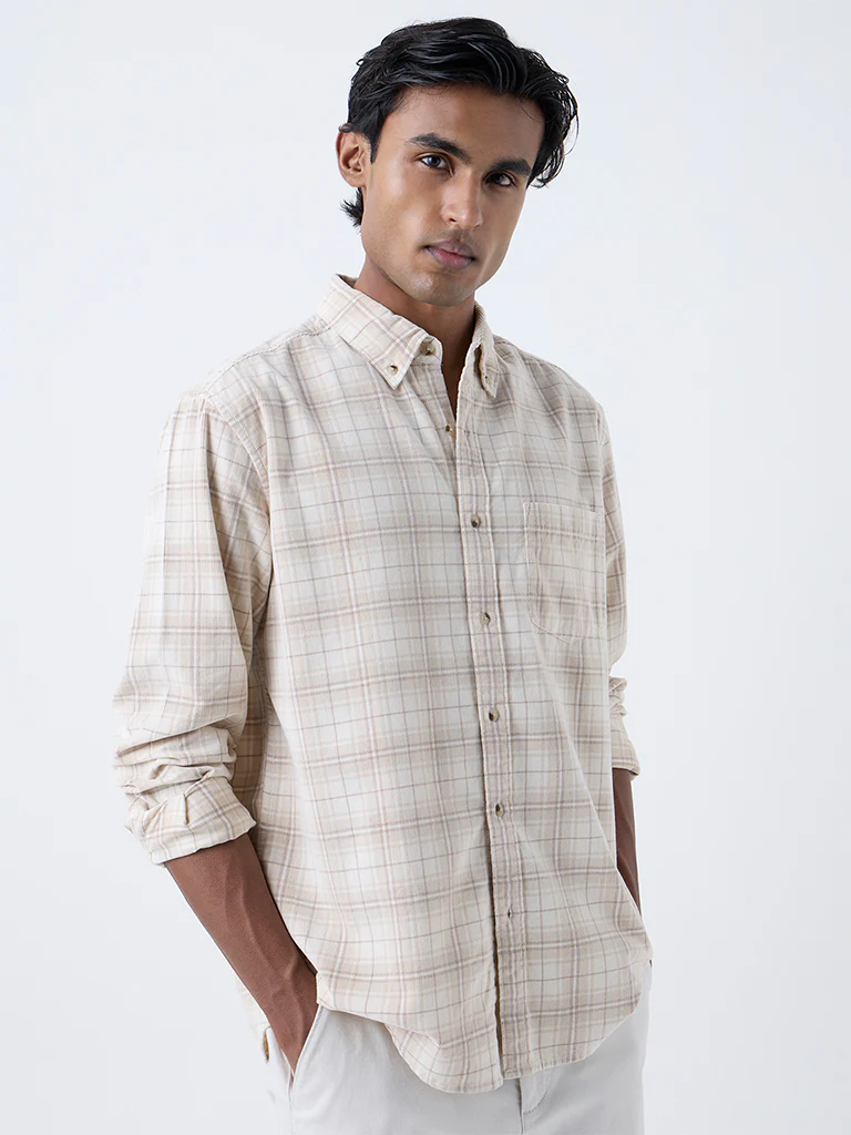 WES Casuals Cream Checks Design Relaxed-Fit Cotton Shirt