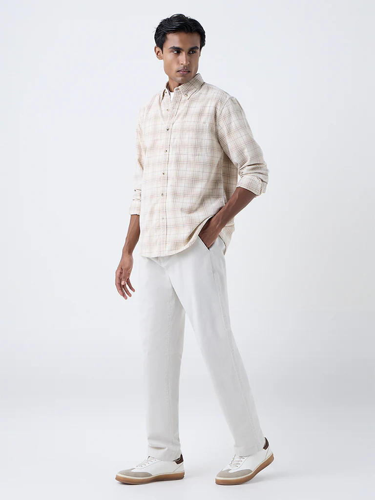 WES Casuals Cream Checks Design Relaxed-Fit Cotton Shirt - Image 2