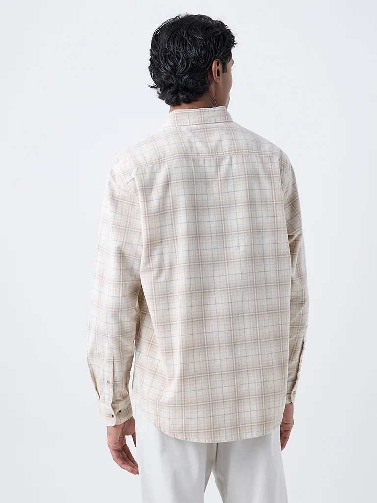 WES Casuals Cream Checks Design Relaxed-Fit Cotton Shirt - Image 4