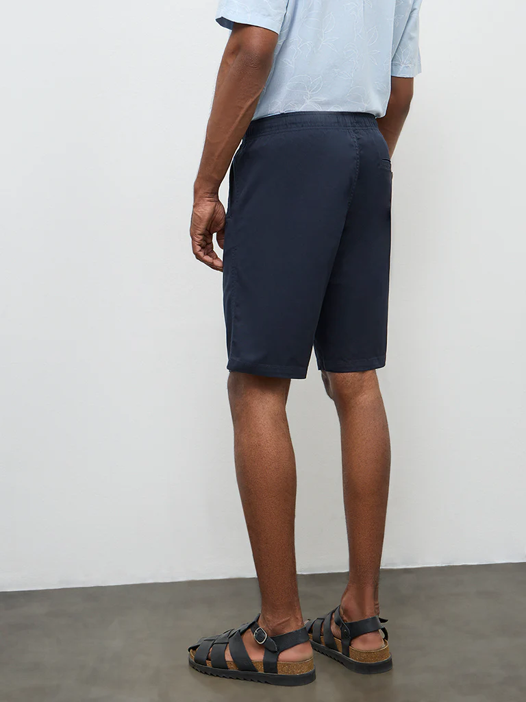 WES Casuals Dark Blue Relaxed-Fit Mid-Rise Cotton-Blend Shorts - Image 4