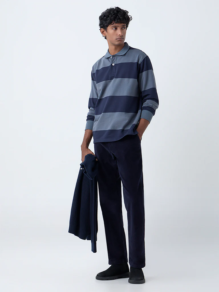 WES Casuals Dark Blue Striped Relaxed Fit Cotton-Blend Polo T-Shirt - Image 3