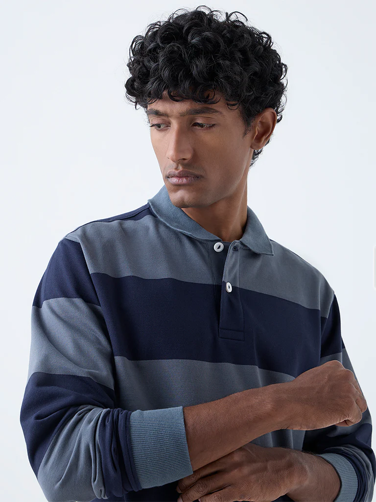 WES Casuals Dark Blue Striped Relaxed Fit Cotton-Blend Polo T-Shirt - Image 4