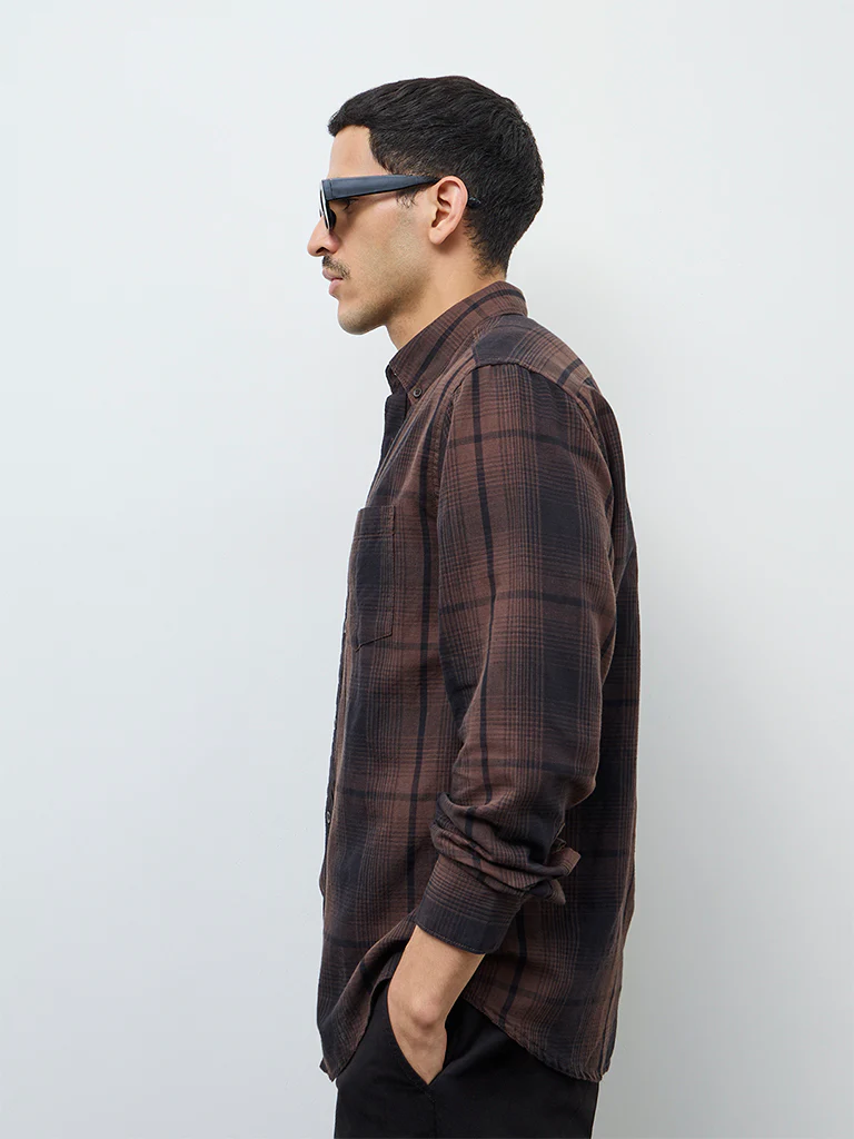 WES Casuals Dark Brown Check Relaxed-Fit Cotton-Blend Shirt - Image 2