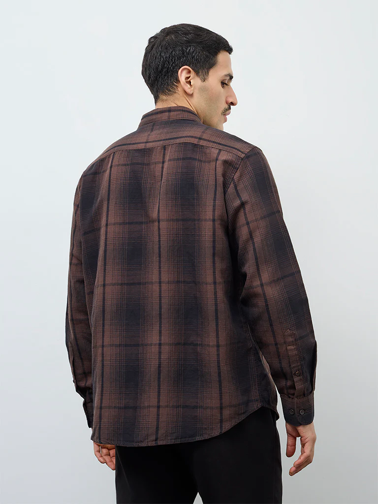 WES Casuals Dark Brown Check Relaxed-Fit Cotton-Blend Shirt - Image 4