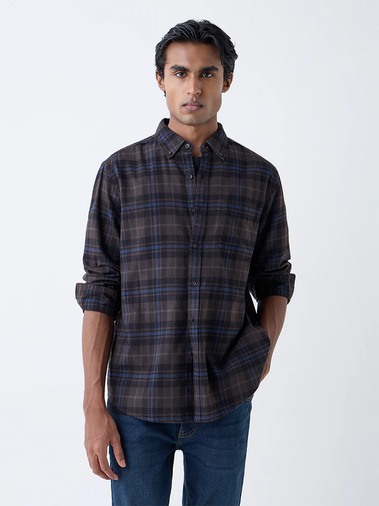 WES Casuals Dark Brown Checkered Relaxed-Fit Cotton Shirt - Image 2