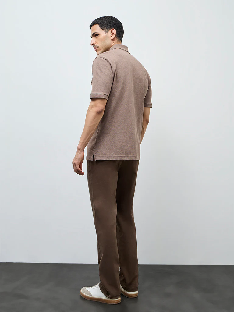 WES Casuals Dark Brown Relaxed-Fit Cotton-Blend Mid-Rise Trousers - Image 5