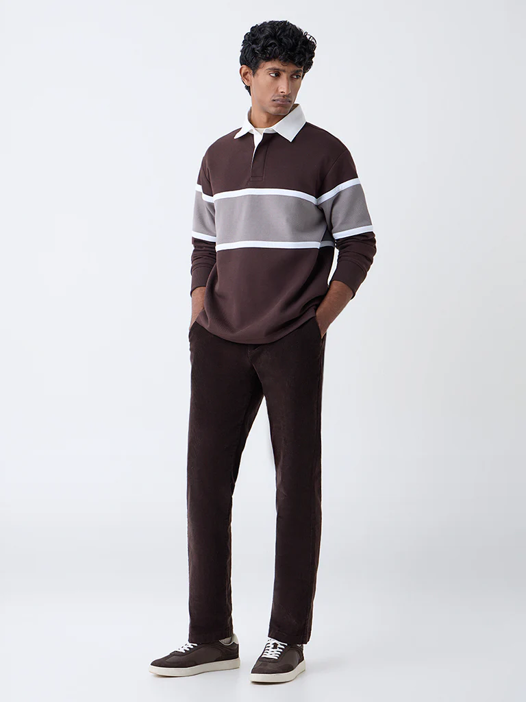 WES Casuals Dark Brown Relaxed-Fit Polo Cotton-Blend T-Shirt