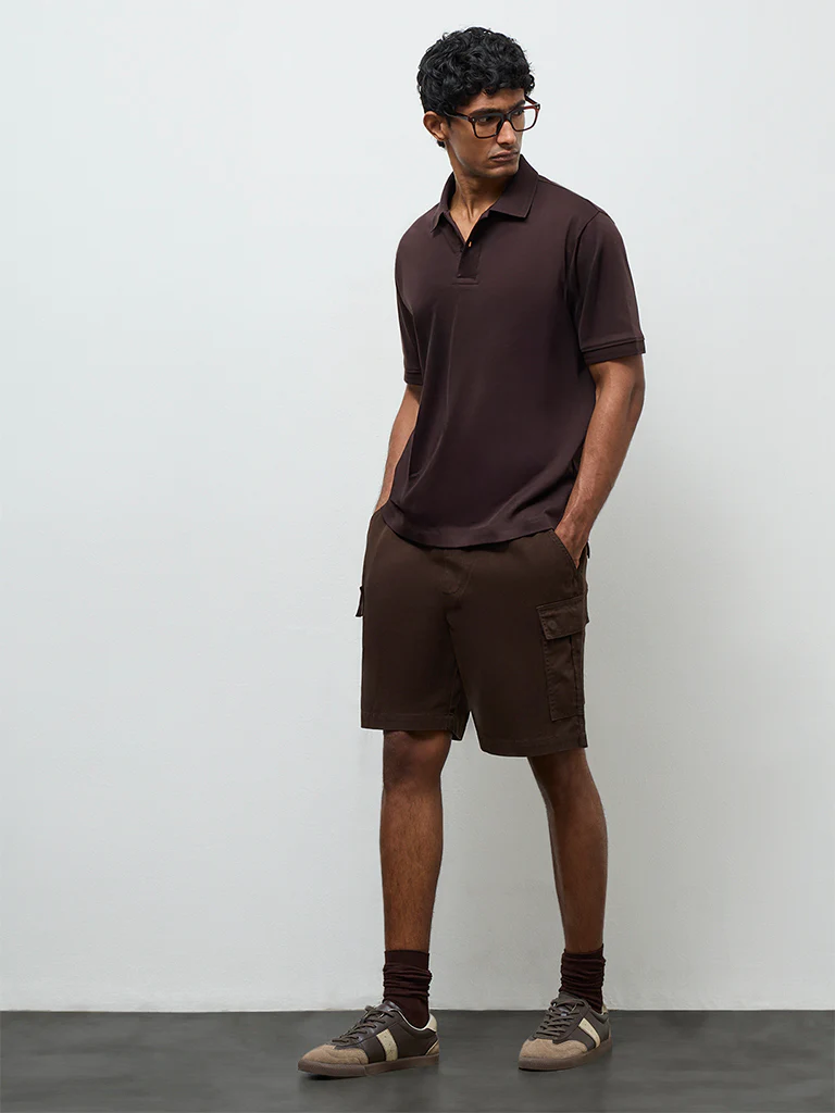 WES Casuals Dark Brown Relaxed-Fit Cotton-Blend Polo T-Shirt