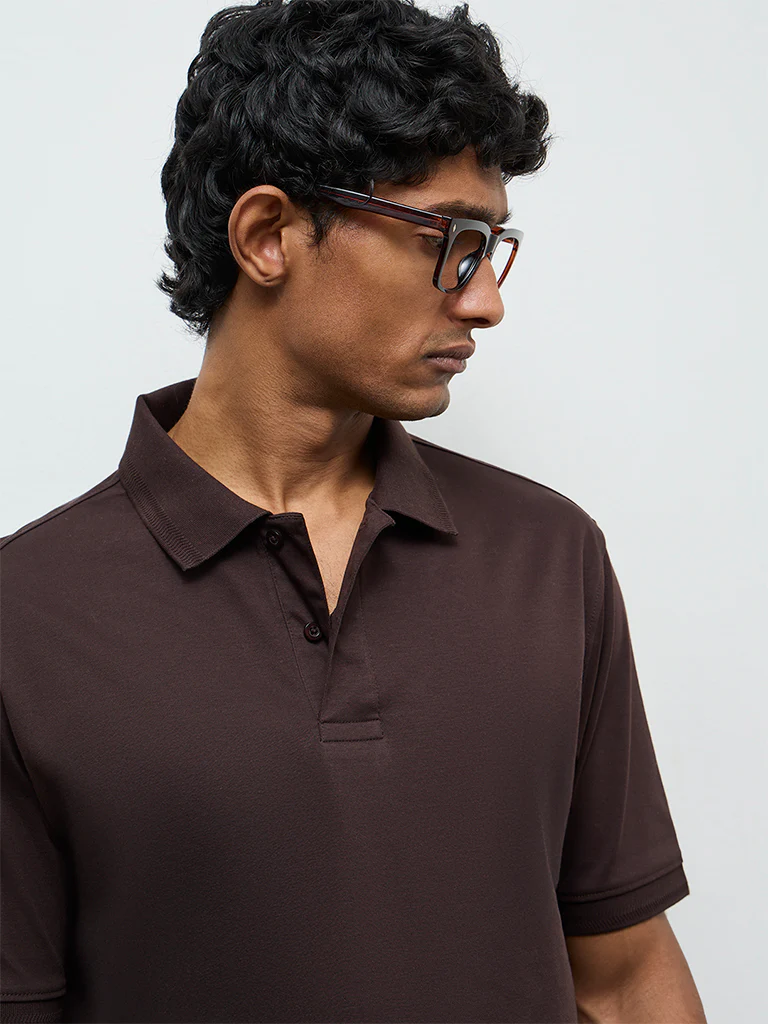 WES Casuals Dark Brown Relaxed-Fit Cotton-Blend Polo T-Shirt - Image 4