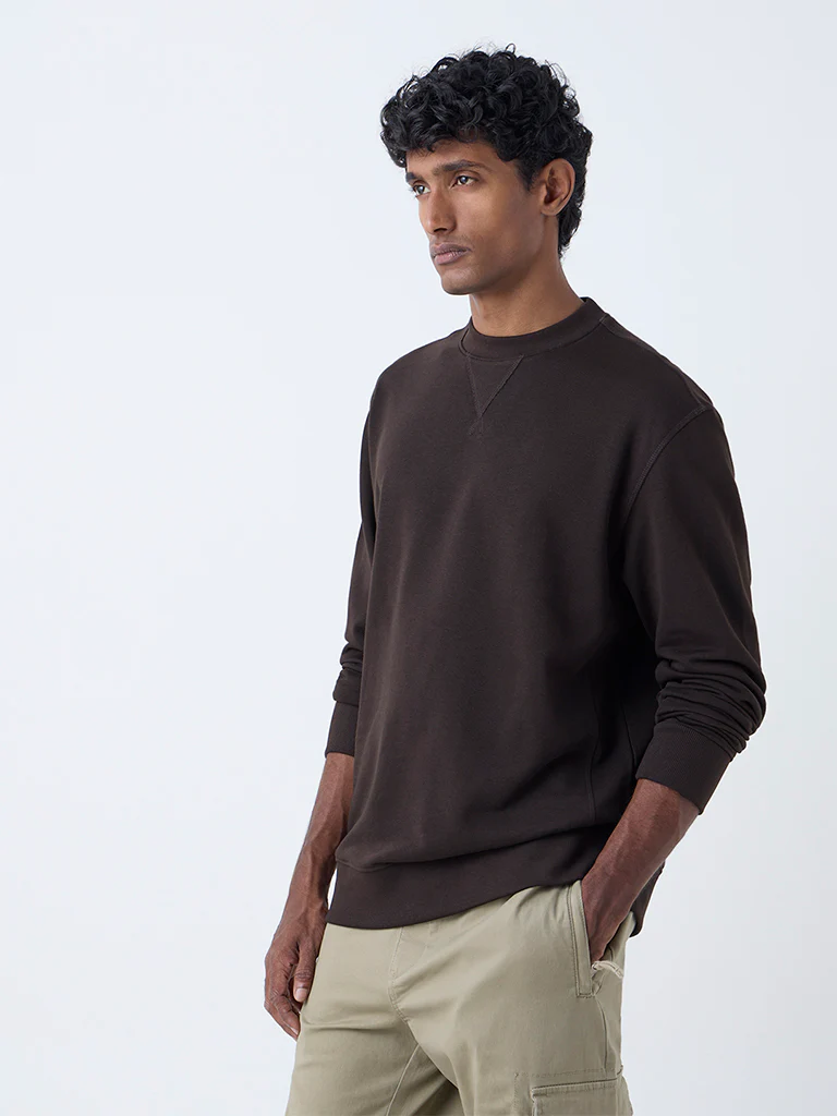 WES Casuals Dark Brown Relaxed-Fit Cotton-Blend Sweatshirt - Image 3