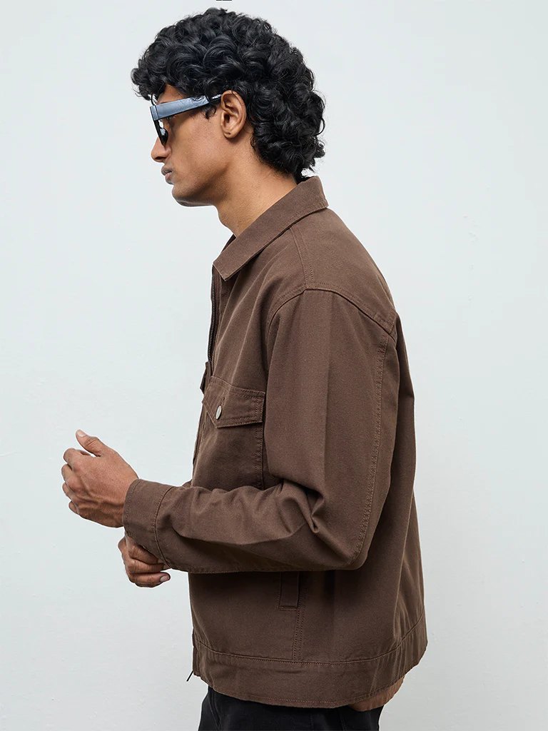 WES Casuals Dark Brown Relaxed-Fit Cotton Jacket - Image 3