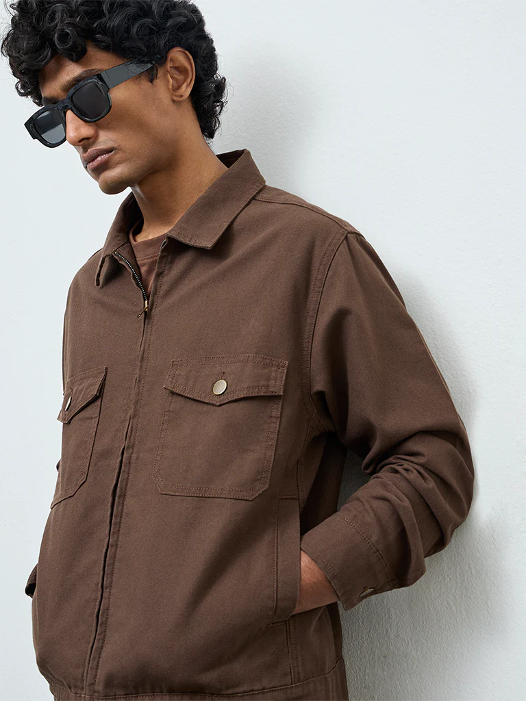 WES Casuals Dark Brown Relaxed-Fit Cotton Jacket - Image 4