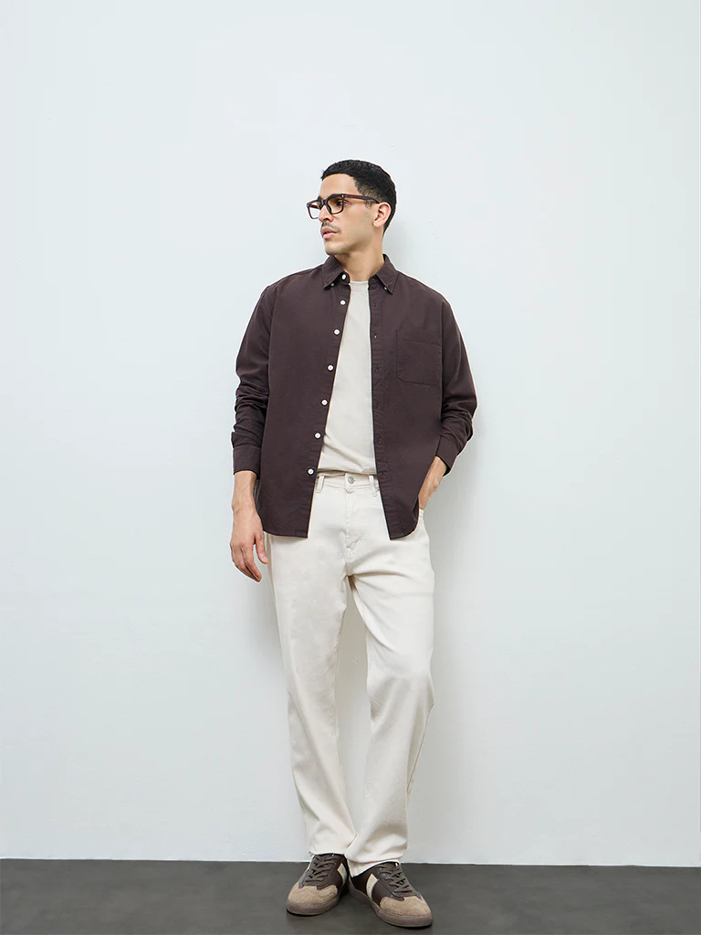 WES Casuals Dark Brown Solid Relaxed-Fit Cotton Shirt