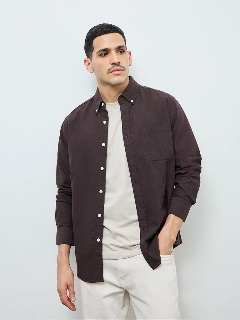 WES Casuals Dark Brown Solid Relaxed-Fit Cotton Shirt - Image 2