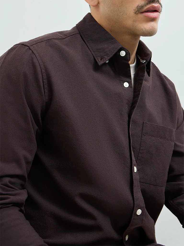 WES Casuals Dark Brown Solid Relaxed-Fit Cotton Shirt - Image 3