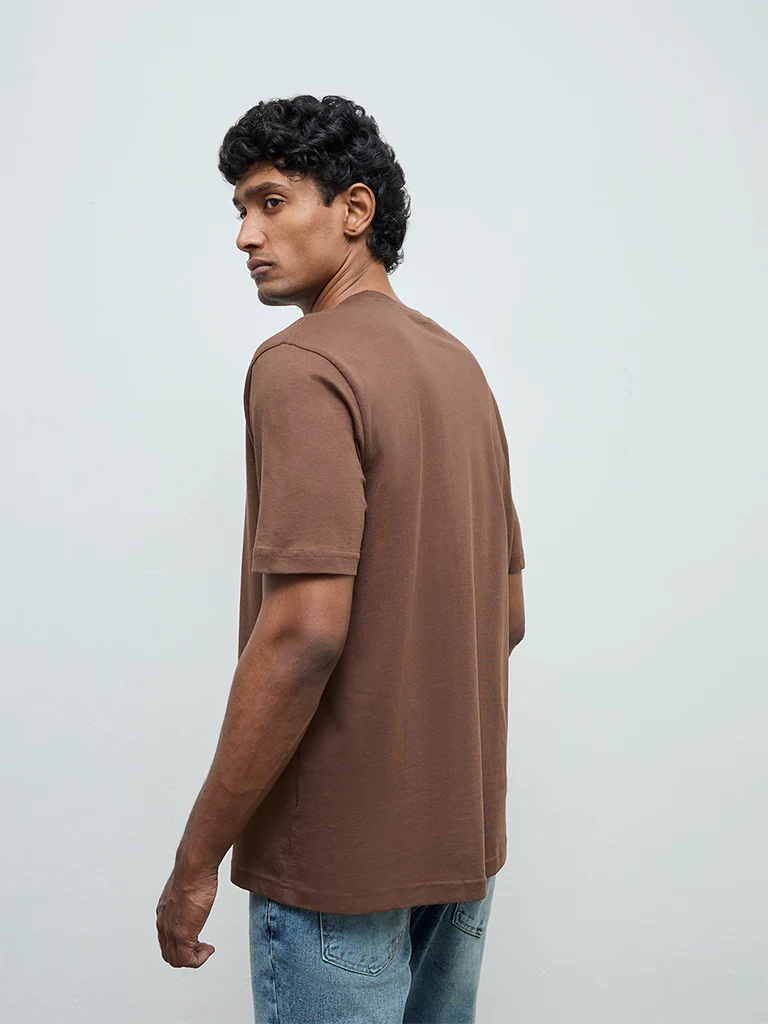 WES Casuals Dark Brown Solid Relaxed-Fit Cotton T-Shirt - Image 5
