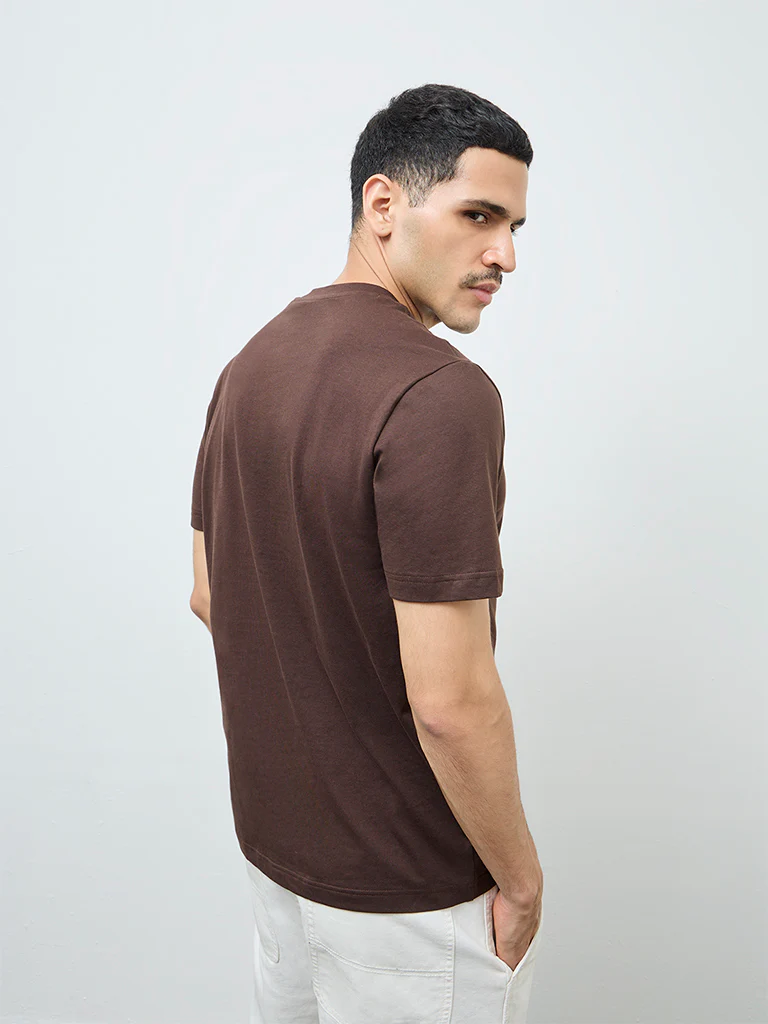 WES Casuals Dark Brown Solid Slim-Fit Cotton T-Shirt - Image 5