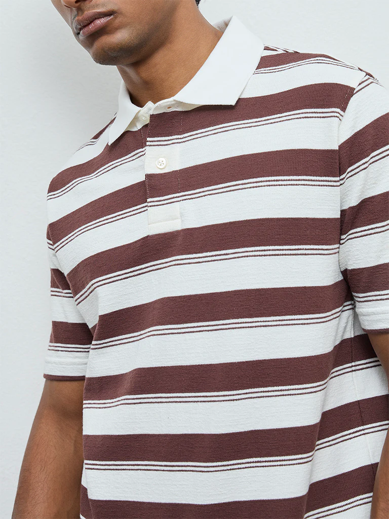 WES Casuals Dark Brown Striped Relaxed Fit Cotton-Blend Polo T-Shirt - Image 4