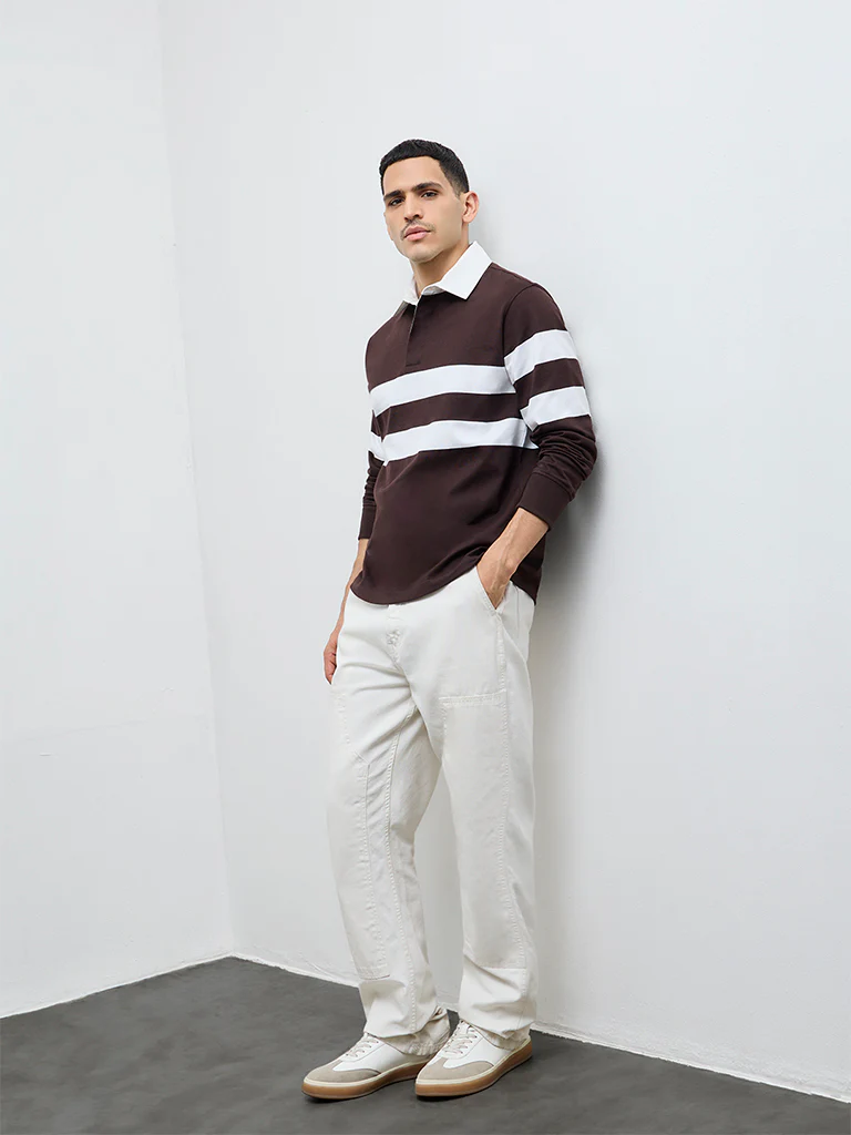 WES Casuals Dark Brown Striped Relaxed Fit Cotton Polo T-Shirt